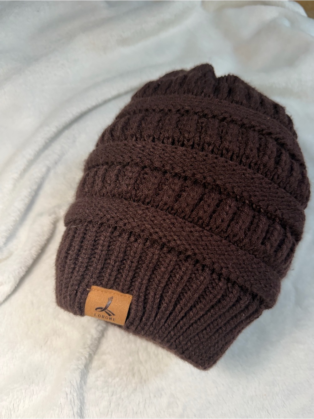 Lorome Brown Ribbed Knit Faux Fur Lined Winter Beanie Hat NWOT - Picture 3 of 6